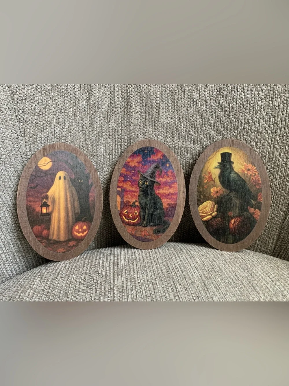 Halloween Black Cat, Raven & Ghost Wooden Icon Set of 3 Seasonal Decor